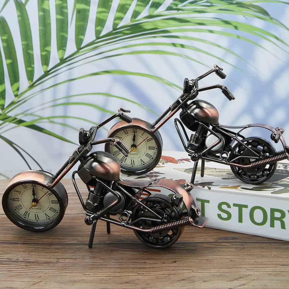 Winterworm Modelo creativo de motocicleta con reloj, adorno de metal de hierro, figura de motocicleta de bronce retro para el día del padre,