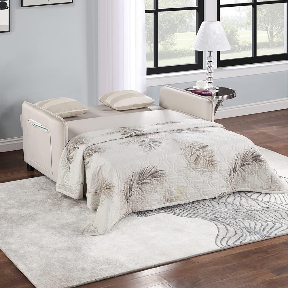 P PURLOVE Sofá biplaza convertible moderno de 57 pulgadas, respaldo ajustable, sofá de 2 plazas con cama extraíble con bolsillo lateral, 2 almohadas