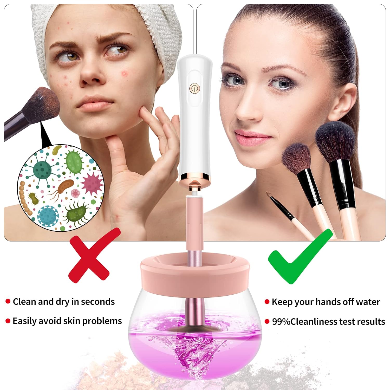 Máquina secadora de brochas de maquillaje, limpiador eléctrico súper rápido con 8 tamaños de collares, limpiador automático de brochas giratorias,