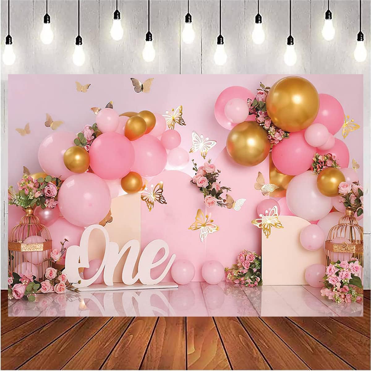 Telón de fondo de 1er cumpleaños para niña, globos rosados, mariposa dorada, dulce para niños, decoración de fiesta de cumpleaños, fotografía