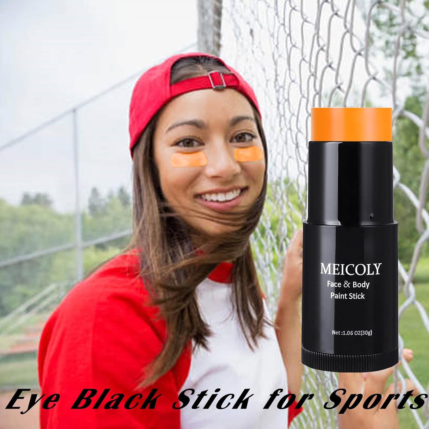 MEICOLY Barra de pintura facial naranja (1.06 onzas), barra de pintura de cuerpo completo mezclable en crema, béisbol negro de ojo naranja,