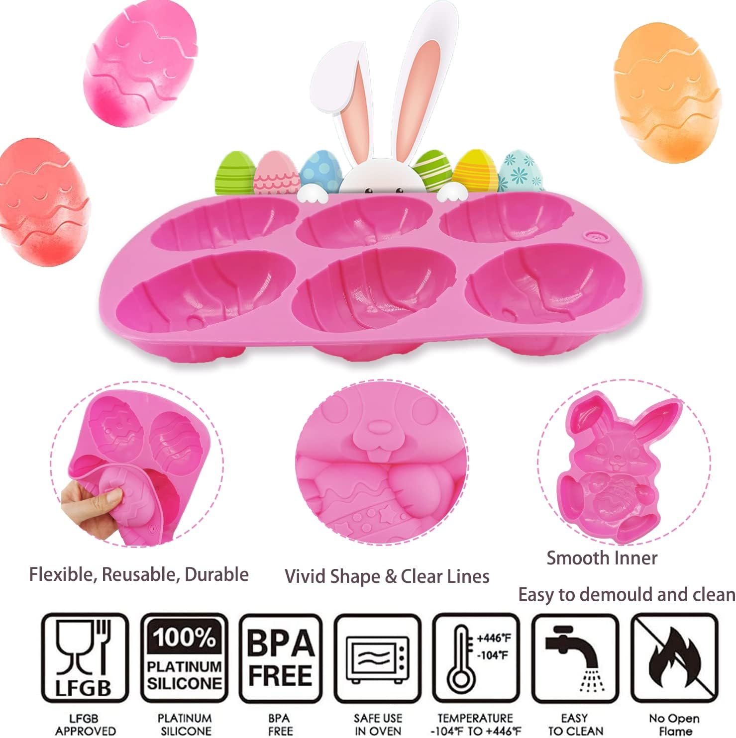 Molde de conejo grande para huevos de Pascua, molde de silicona con forma de huevo de Pascua en 3D, molde de silicona para pastel de conejo de