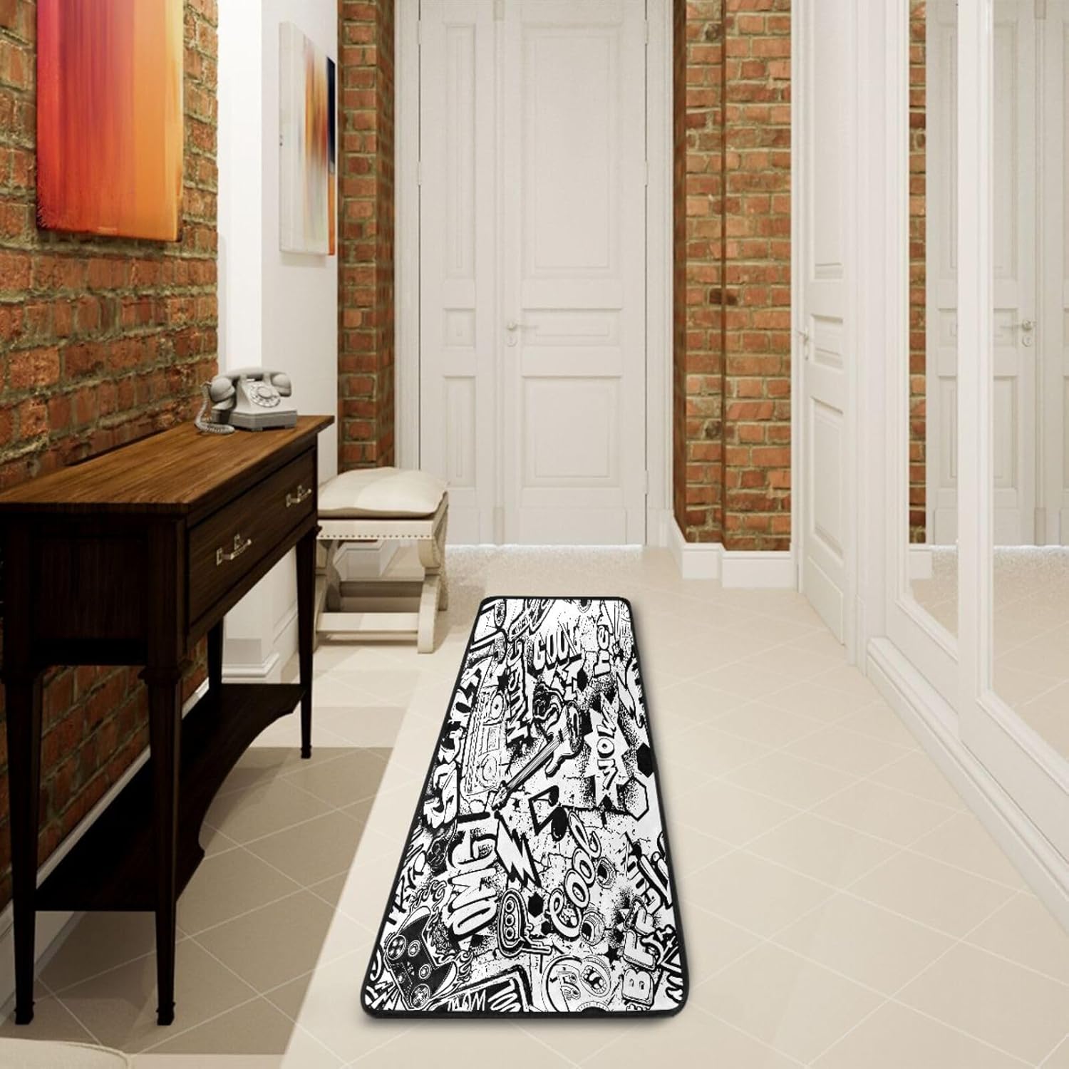 Alfombra de pasillo de graffiti blanco y negro, 24 x 72 pulgadas, ultra suave, antideslizante, lavable, para cocina, baño, entrada y decoración del