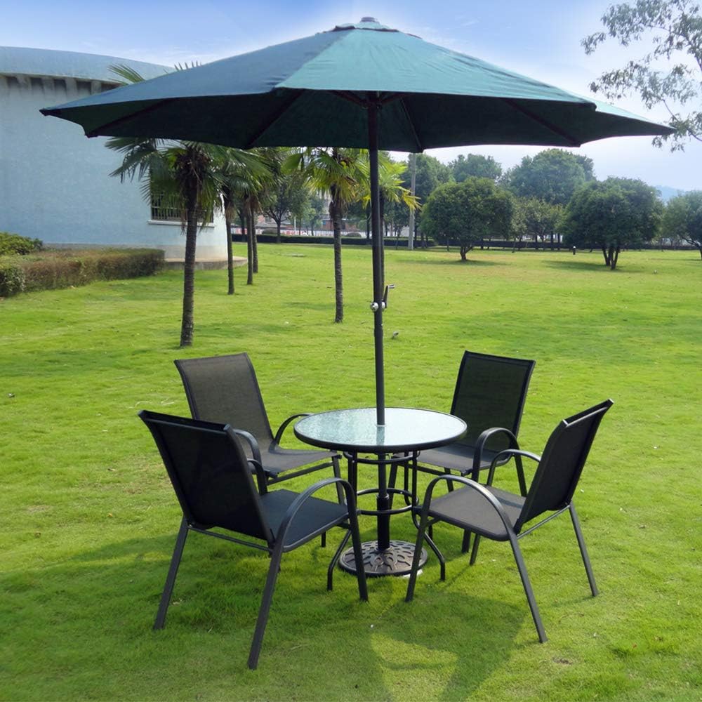 VINGLI Mesa redonda de patio con agujero para paraguas, mesa de comedor al aire libre de 32 pulgadas, mesa de patio de vidrio templado de acero mesa
