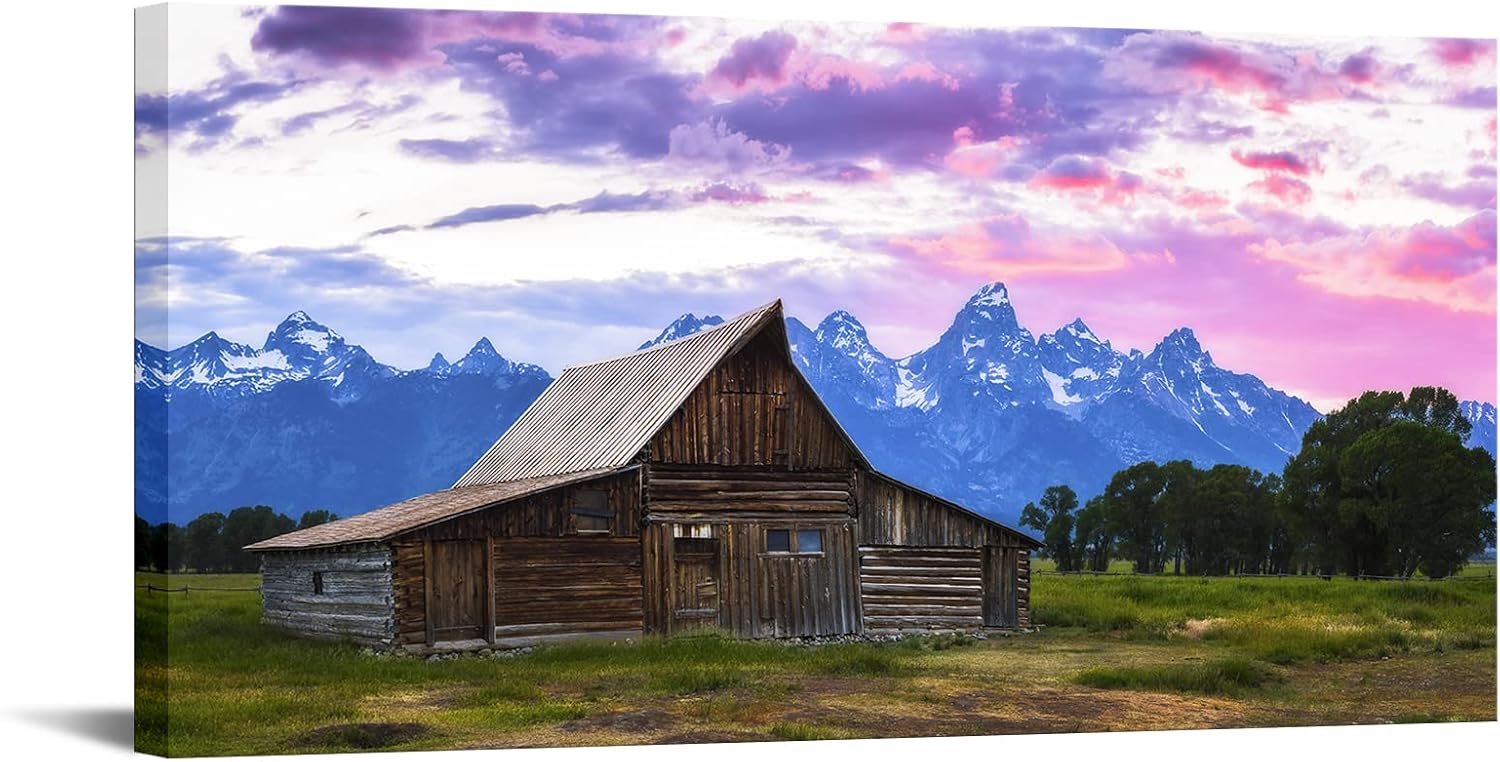 Nachic Wall Grand Teton – Lienzo decorativo para pared, diseño vintage de granero al atardecer, pintura del parque nacional de EE. UU., póster de