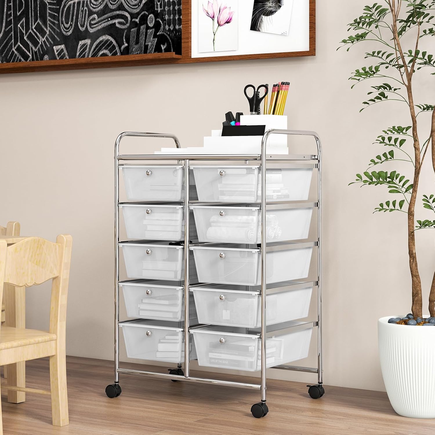 GOFLAME Carrito de almacenamiento con ruedas de 10 cajones, organizador de almacenamiento de manualidades sobre ruedas, carrito móvil multiusos para