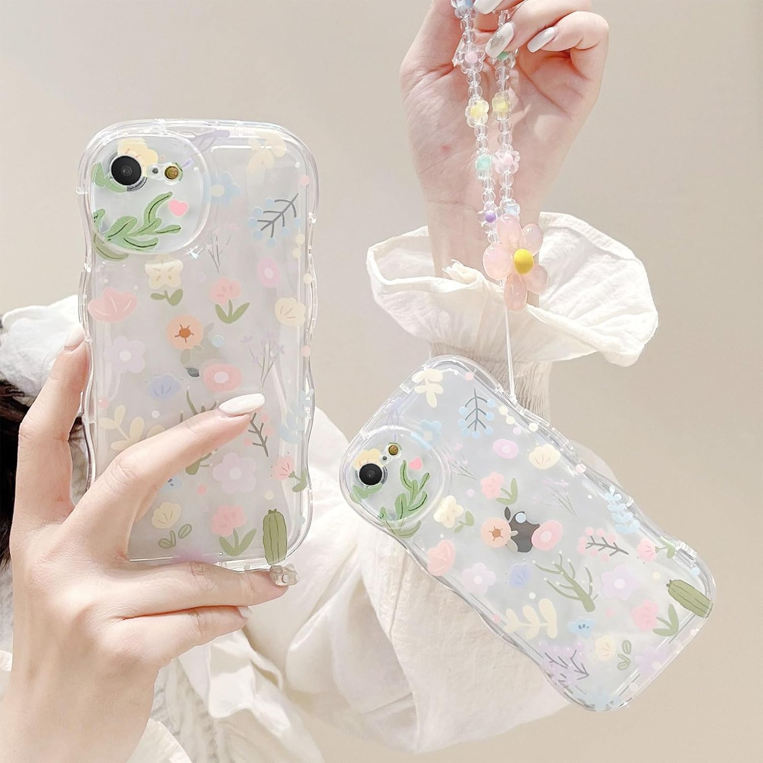 Compatible con iPhone 78SE, bonito estampado de flores coloridas con una bonita cadena de pulsera de flores, funda transparente de borde ondulado,
