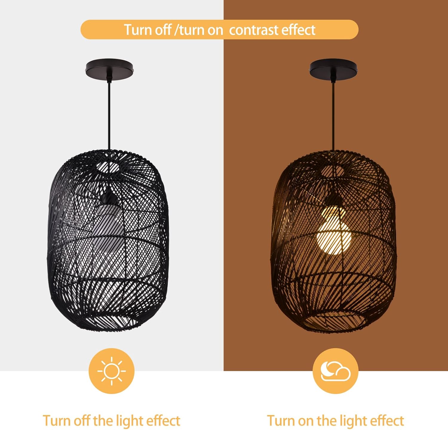 Arturesthome Lámpara colgante de ratán negro, lámpara de techo estilo bohemio natural, lámpara colgante de mimbre retro para isla de cocina