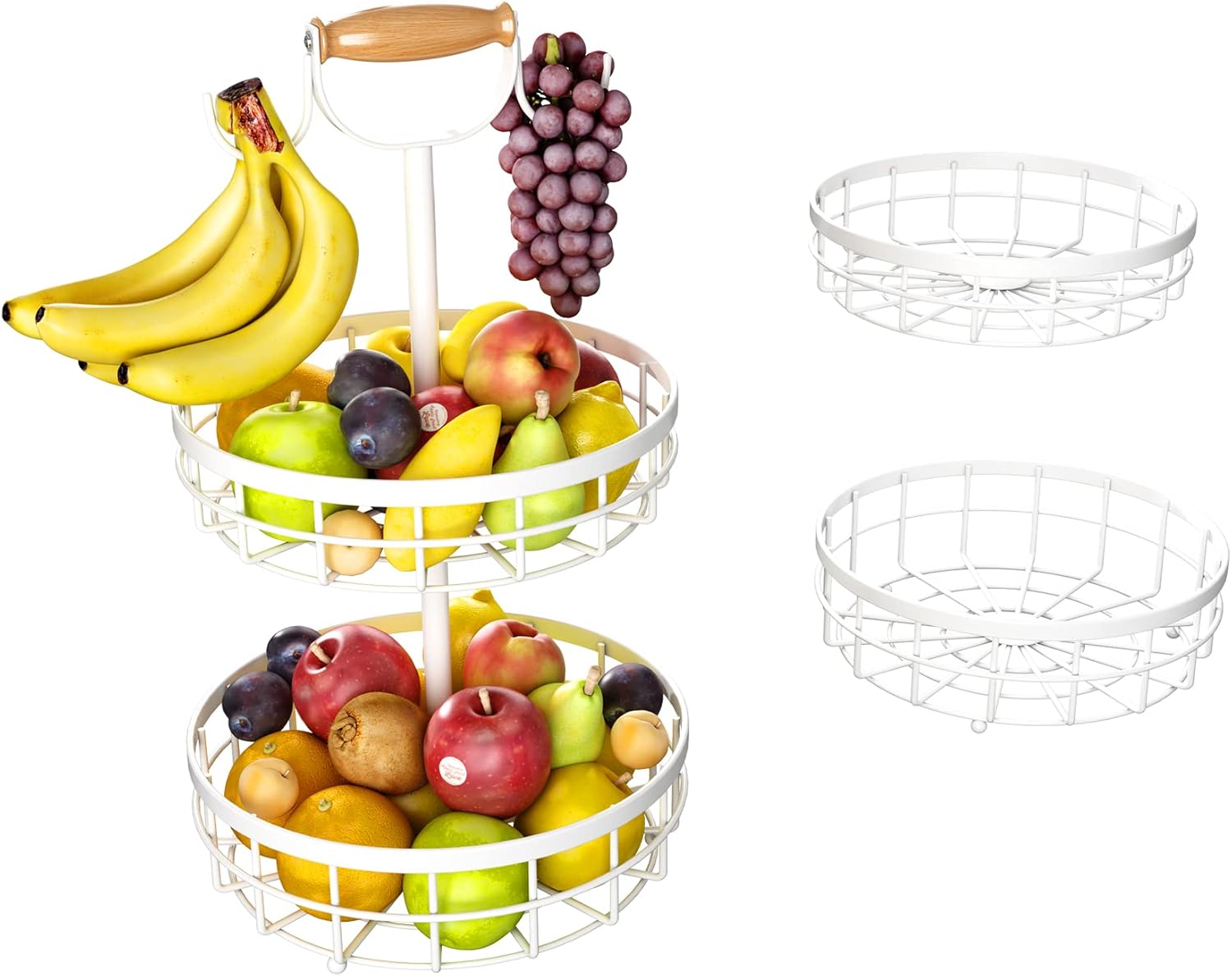 SAYZH Cesta de frutas de 2 niveles con soporte doble para árbol de plátano y mango de elevación de madera, cesta de alambre de metal para encimera