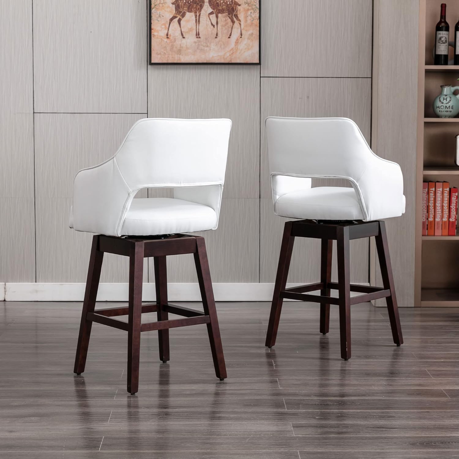 Taburete de bar de 28 pulgadas con respaldo para isla de cocina, taburetes giratorios tapizados de piel sintética, patas de madera, taburete