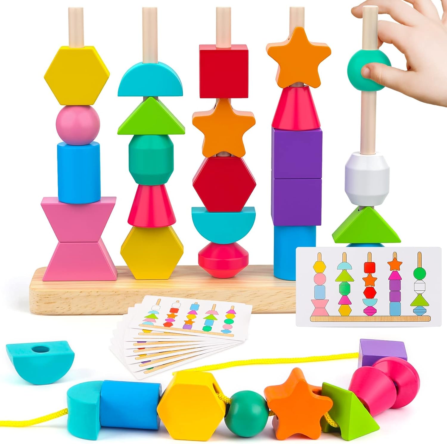 Educational Montessori Toy Set – Wooden Beads Sequencing, Stacking Blocks, Lacing Beads & Shape Stacker – STEM Learning for 3 4 5 Year Olds for Kids!
