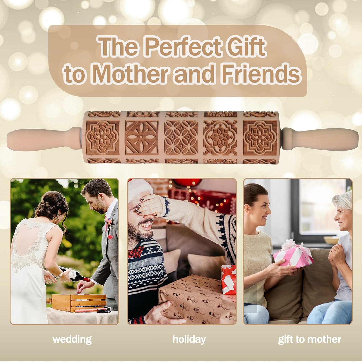 Embossed Rolling Pin, OLETNY Large Wood Textured Roller for Baking, Cookies, Decorative Pattern Rolling Pins, Christmas Gifts for Mother,