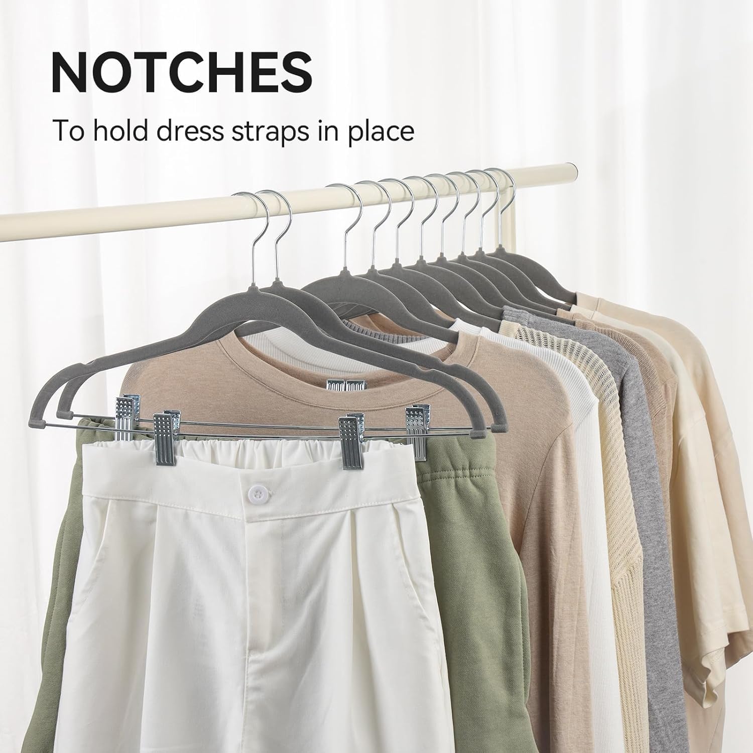 Perchas de terciopelo para pantalones, paquete de 24, perchas antideslizantes para falda y pantalones con clips ajustables, ganchos giratorios de
