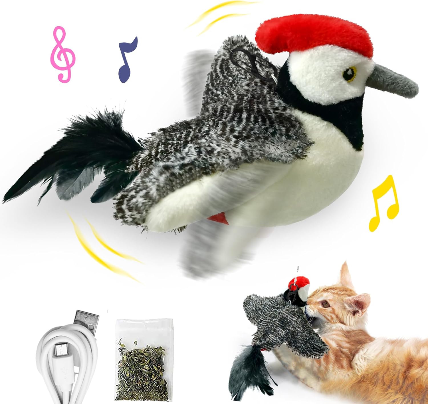 LEWISER Juguetes para gatos, alas aleteadas, lindo pájaro carpintero, no volar, chirrido, juguete interactivo de hierba gatera para gatitos o perros