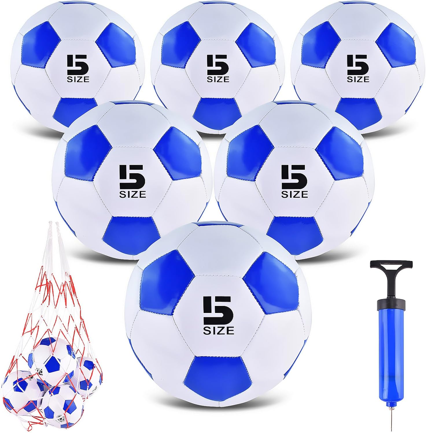 ELKCIP Paquete de 6 pelotas de fútbol clásicas desinfladas tamaño 345 con bomba y bolsa de malla para interiores y exteriores, césped,