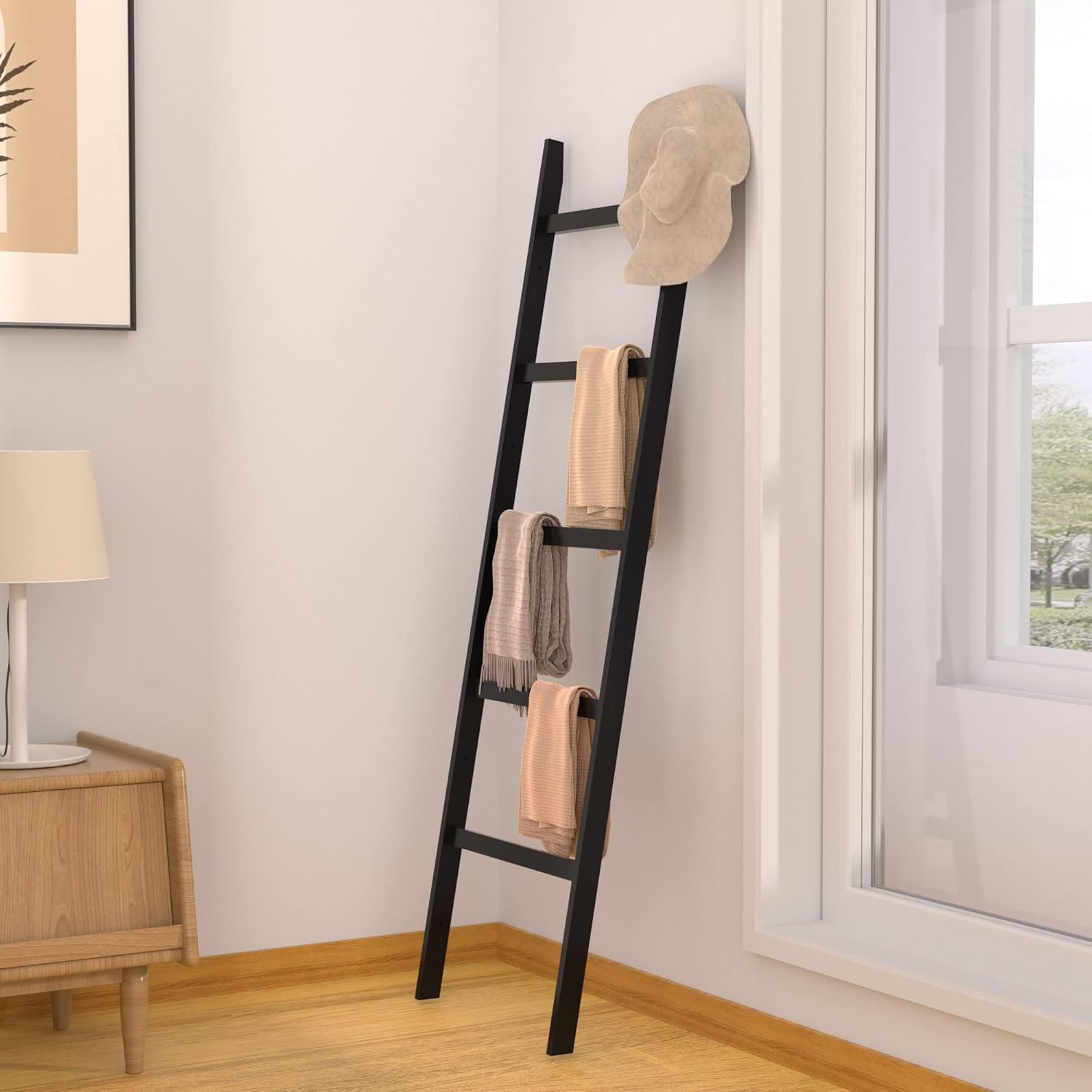 Escalera para mantas, 5 niveles de bambú elegante soporte para manta de pared, 60 pulgadas de granja y decoración rústica del hogar para salas de