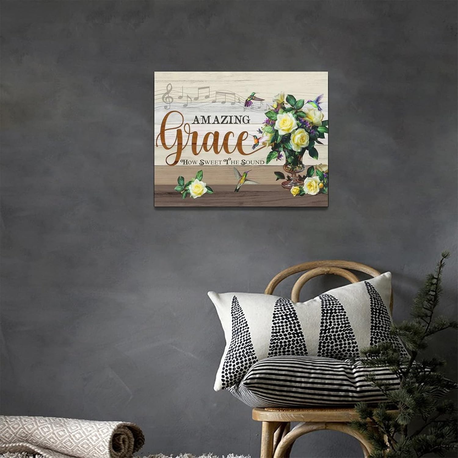 Decoración de pared floral de granja, flores rústicas de colibrí, arte de pared, pintura de gracia increíble, lienzo enmarcado para el hogar, baño,