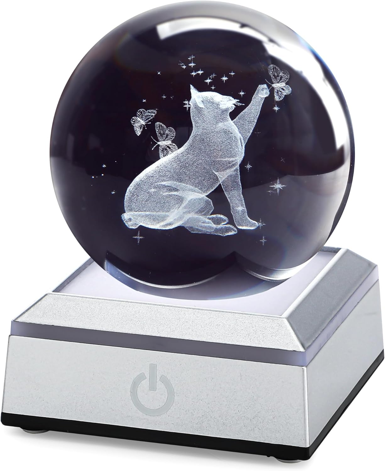 ZEERSHEE Gato grabado con láser de vidrio 3D de 3.150 in con bola de cristal de mariposa con base LED, luz nocturna de gato, pisapapeles para