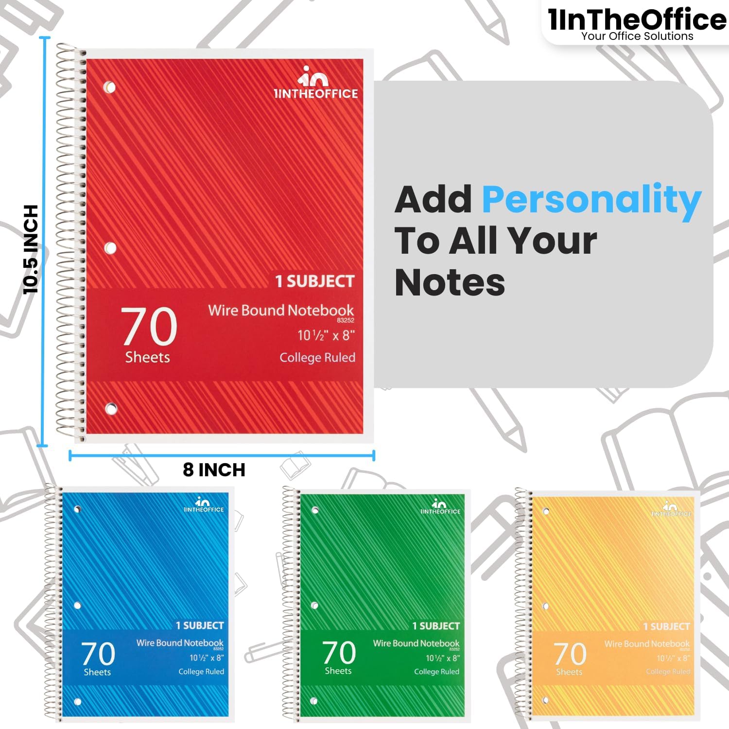 1InTheOffice Cuaderno de espiral con rayas universitarias de 10.5 x 7.5 pulgadas, cuadernos de 1 materia, cuadernos de espiral encuadernados con