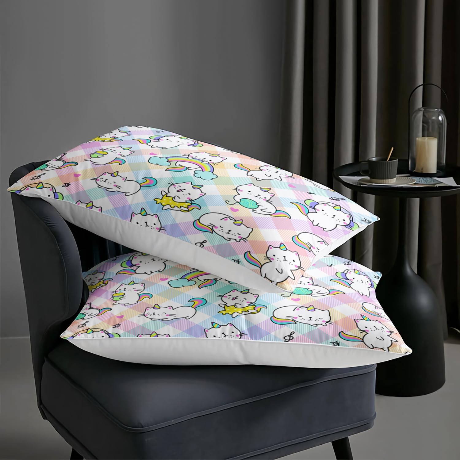 AILONEN Juego de edredón de gatos de unicornio, tamaño individual, juego de ropa de cama de unicornio arcoíris para niños y niñas, bonito juego de