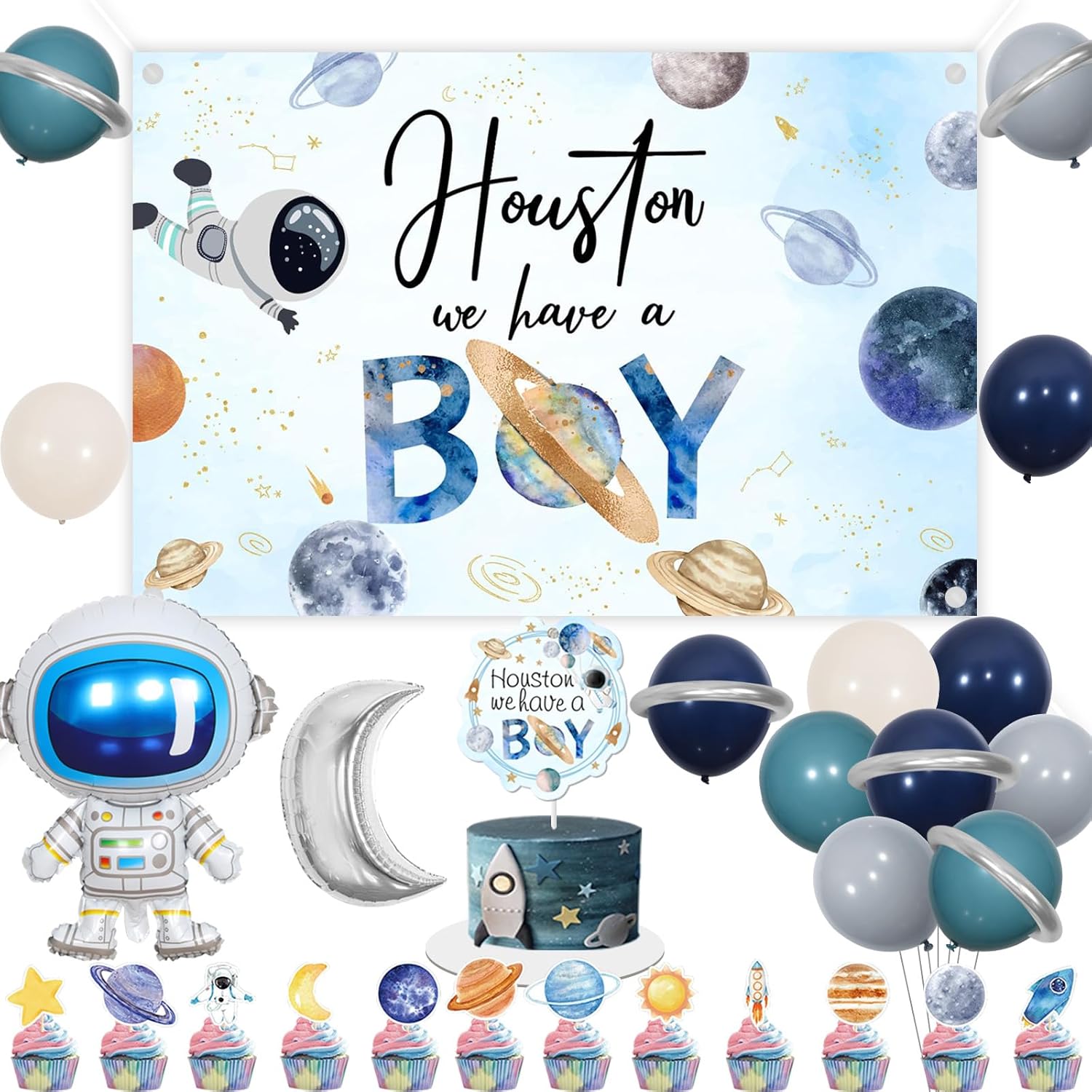 Decoraciones para baby shower del espacio exterior para niño, decoración de cupcakes de astronauta espacial, Houston We Have a Boy Baby Shower telón