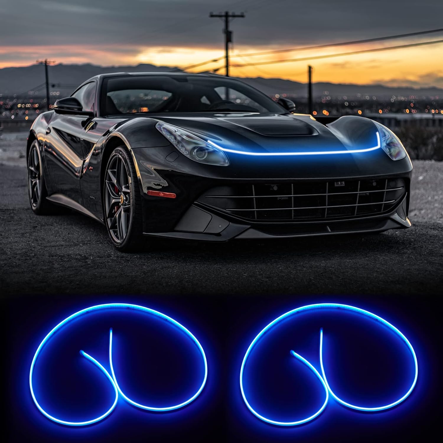 Paquete de 2 tiras de luz LED para capó de automóvil, 71 pulgadas, color azul, exterior, flexible, impermeable, con tira dinámica de luces de