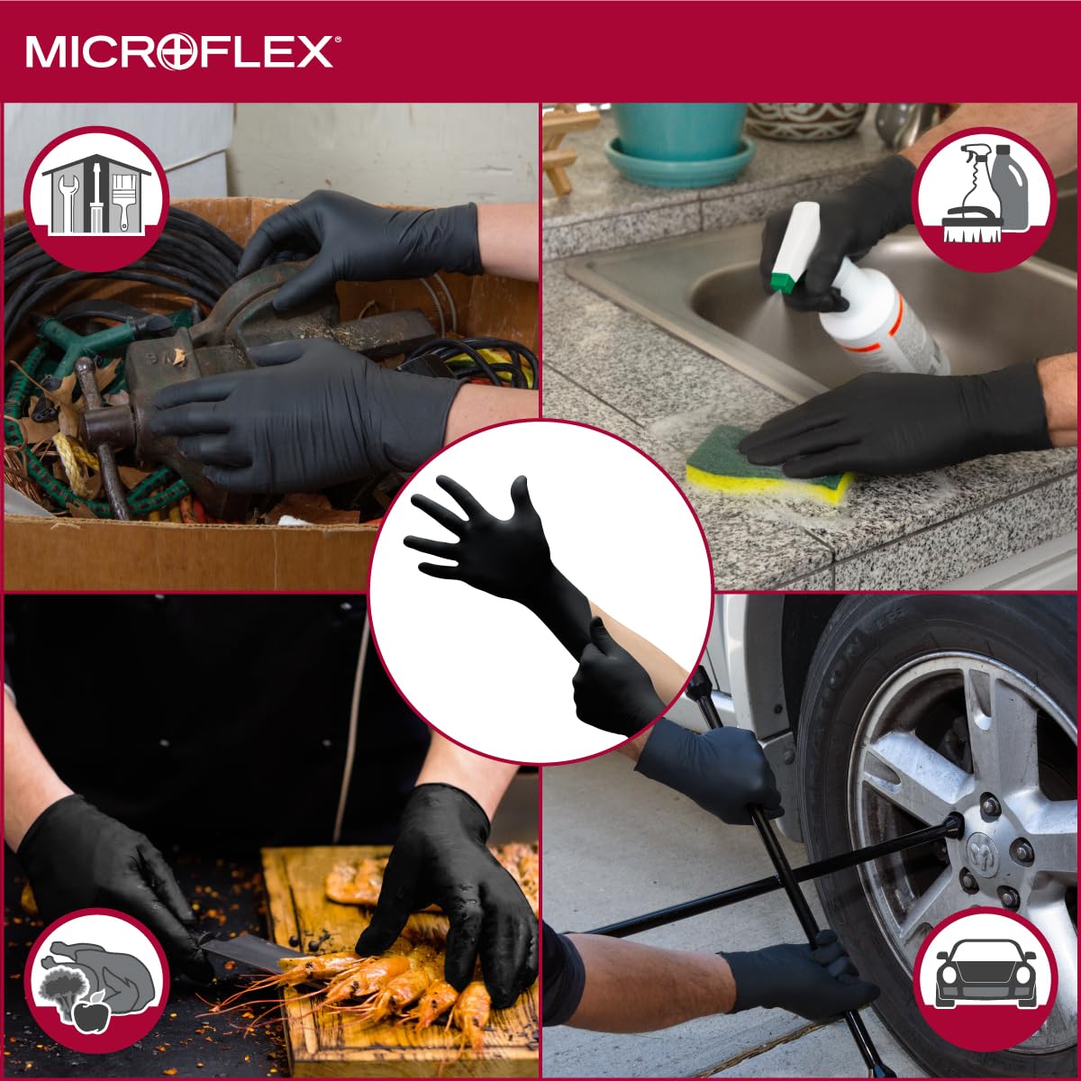 Microflex Onyx N64 – Guantes desechables de nitrilo para examen de automoción, fabricación de metal con puntas de los dedos texturizadas, talla L,