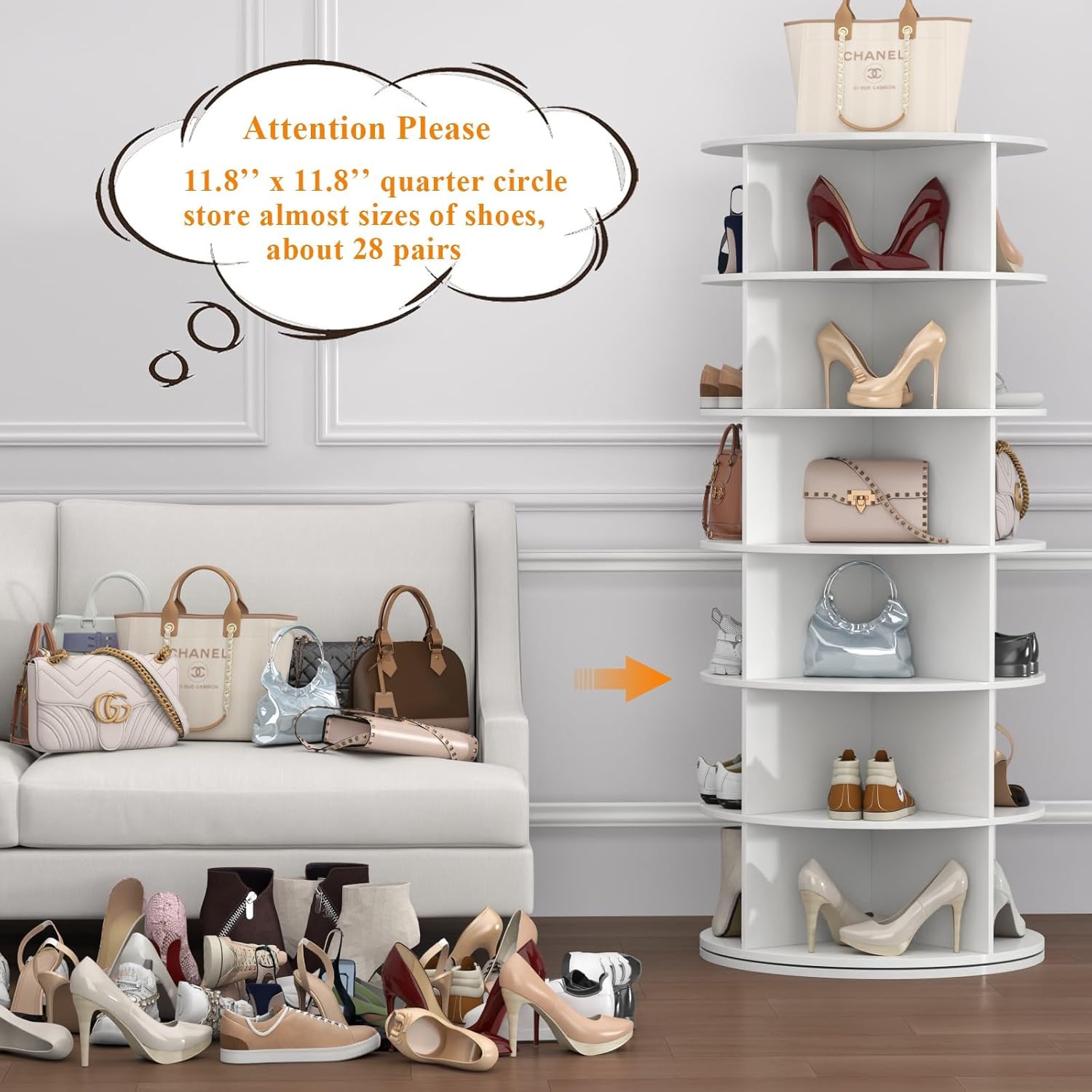 Zapatero giratorio, torre giratoria de 6 niveles, organizador de almacenamiento de zapatos giratorio de 360, zapatero Lazy Susan para entrada, sala