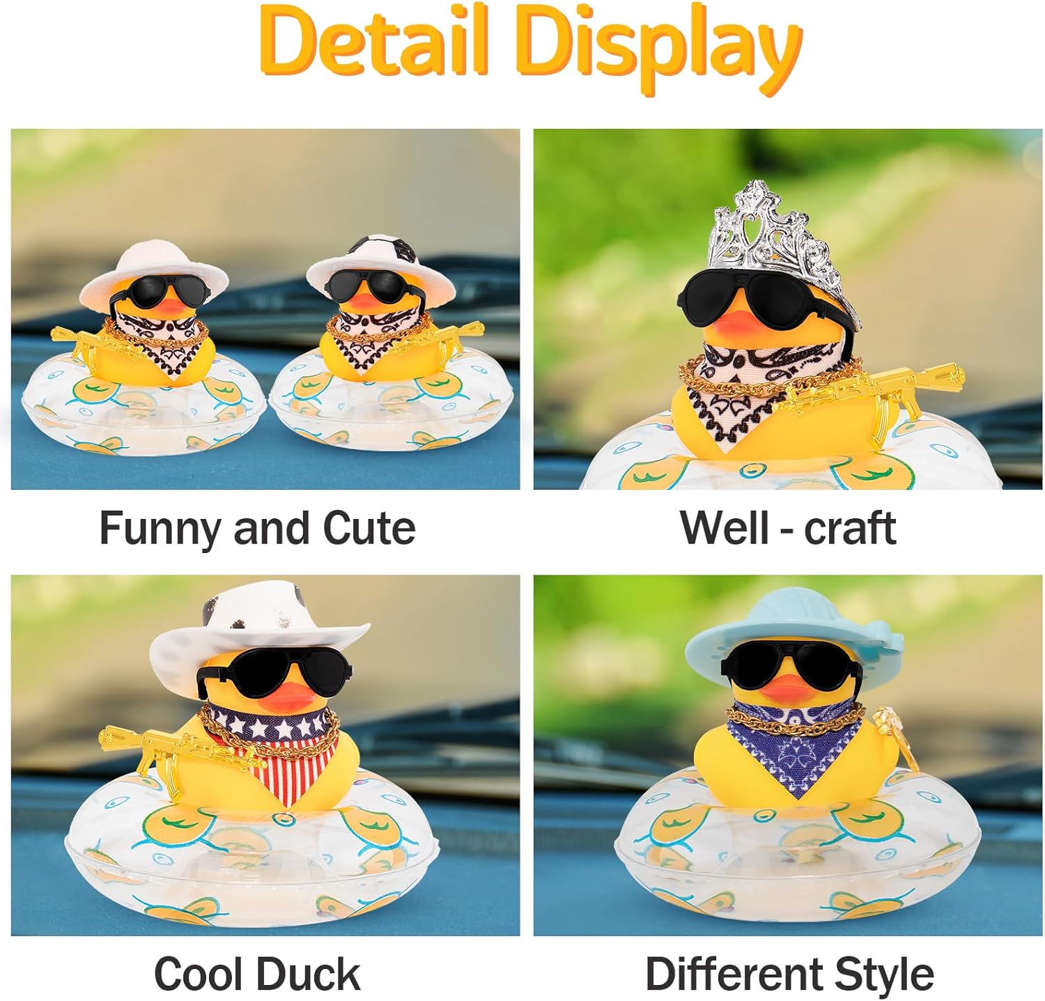 wonuu Decoración de pato de goma para automóvil, accesorios de decoración de tablero de instrumentos de vaquero occidental con mini anillo de