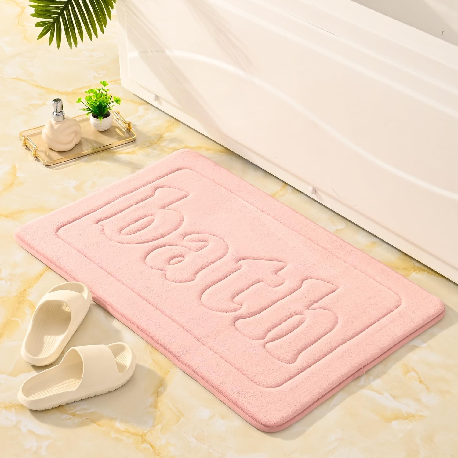 Tapete de baño de espuma viscoelástica, color rosa, antideslizante, súper absorbente, de secado rápido, lavable a máquina, tapete de baño ultra