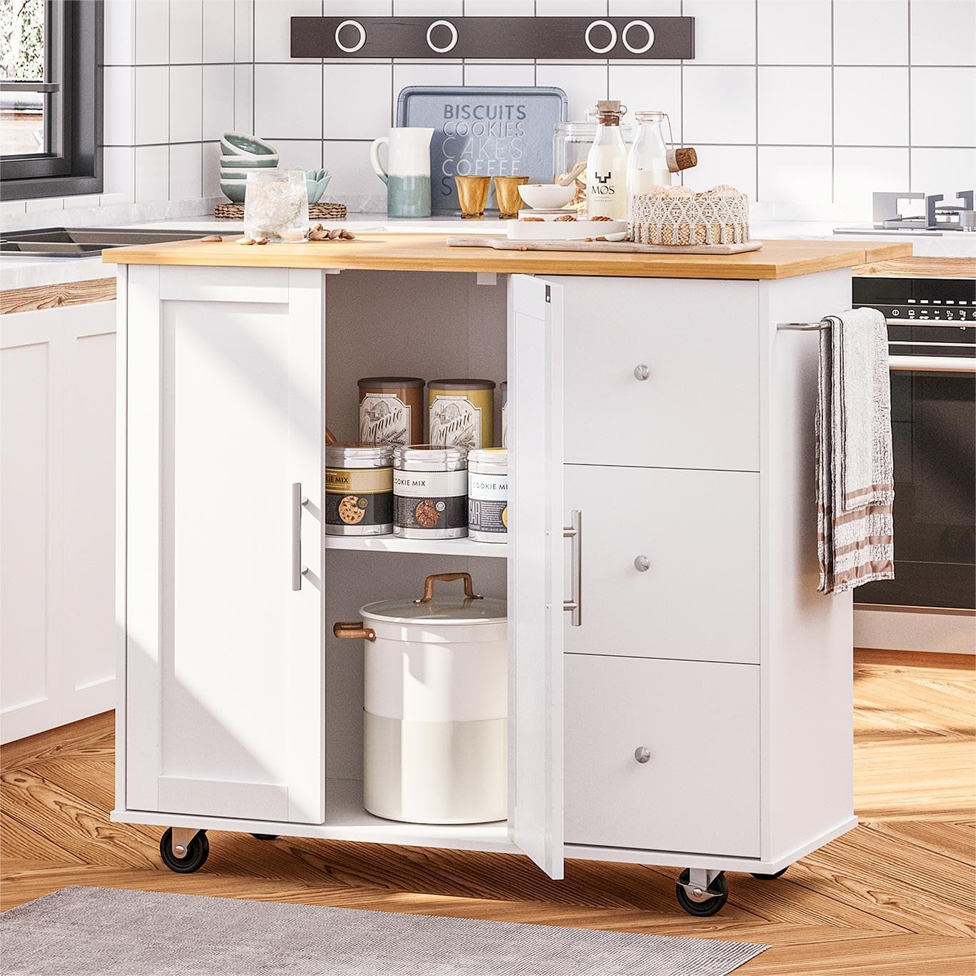 SUNLEI Isla de cocina con ruedas con armario de almacenamiento y hoja plegable, mesa de cocina rodante, asa de carrito para toallero, hoja caída,