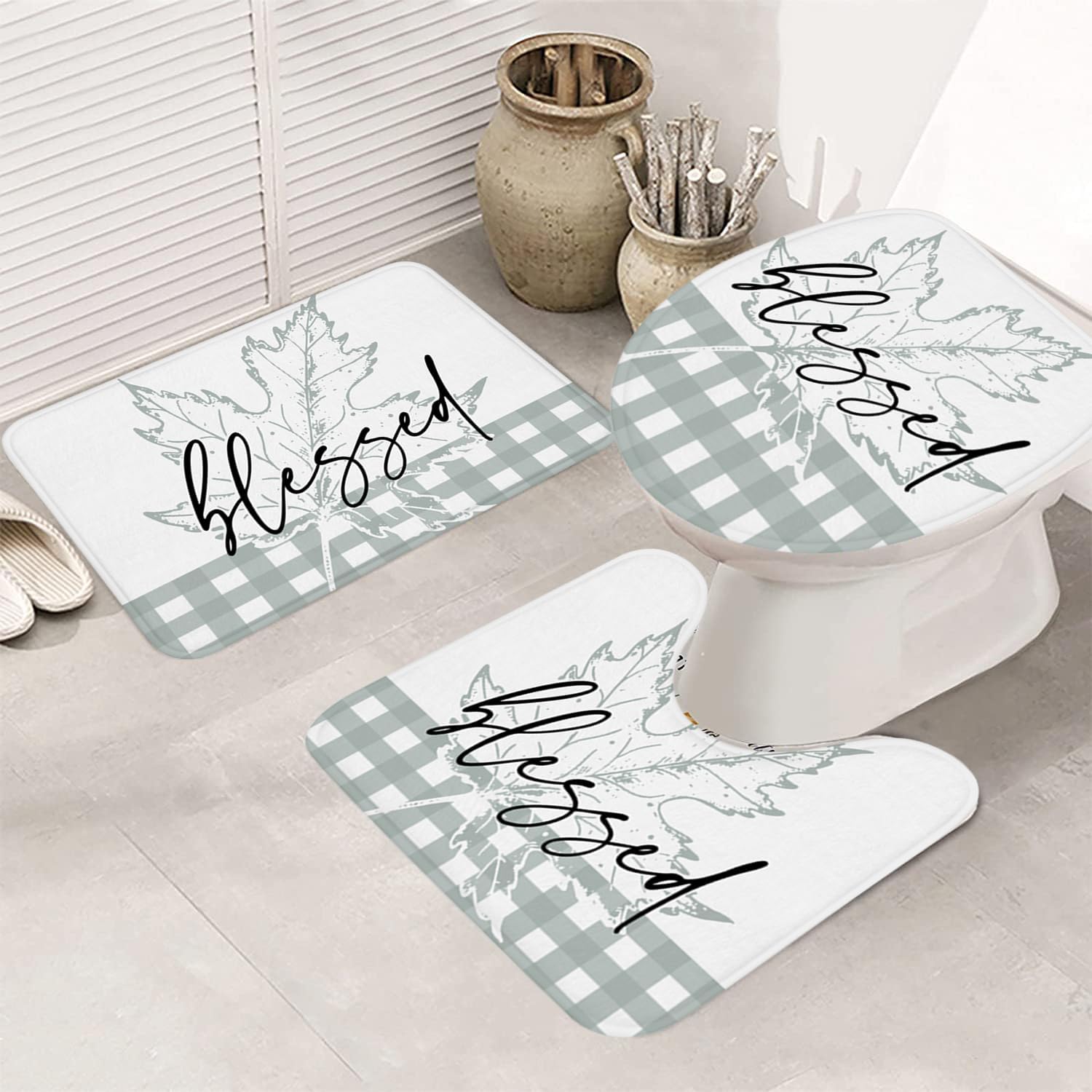 Juego de 3 alfombras de baño vintage para el día de Acción de Gracias, diseño de otoño con hojas de arce, diseño rústico con diseño de hojas de