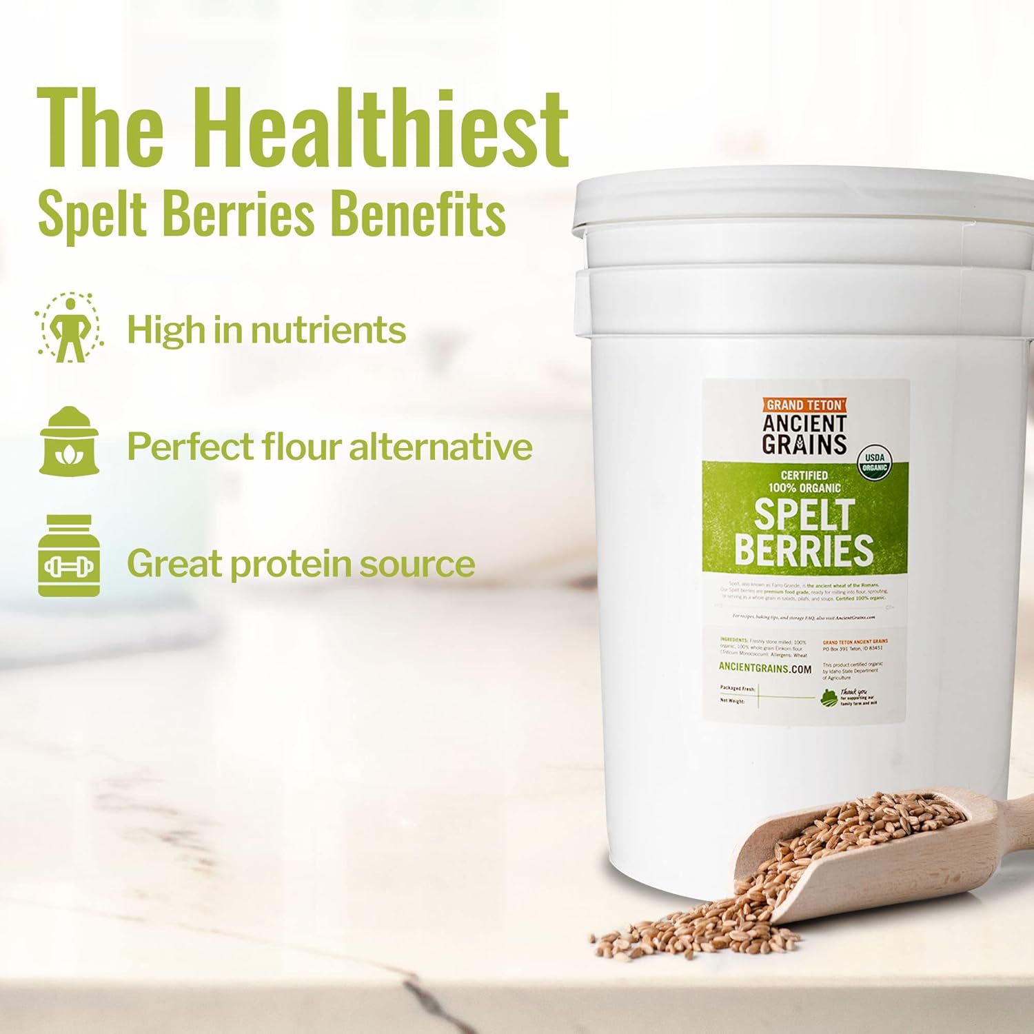 Grand Teton Ancient Grains – Bayas de espelta 100% orgánicas, espelta de grano orgánico Farro cultivada en Estados Unidos en un súper cubo de 6