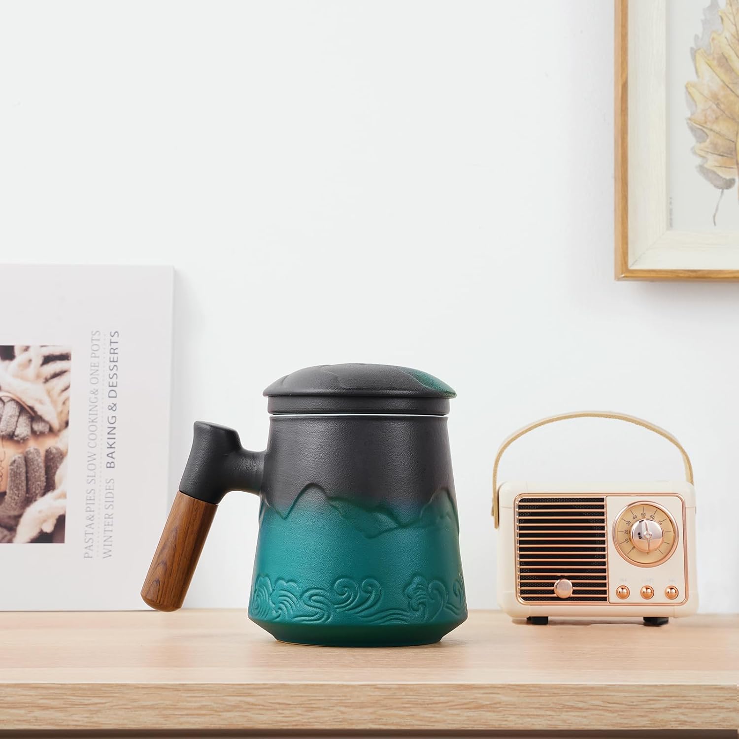 ZENS Taza de té con infusor y tapa, taza de té de cerámica con mango de palisandro, taza de té de hojas sueltas de 15.2 onzas para regalos, negro y