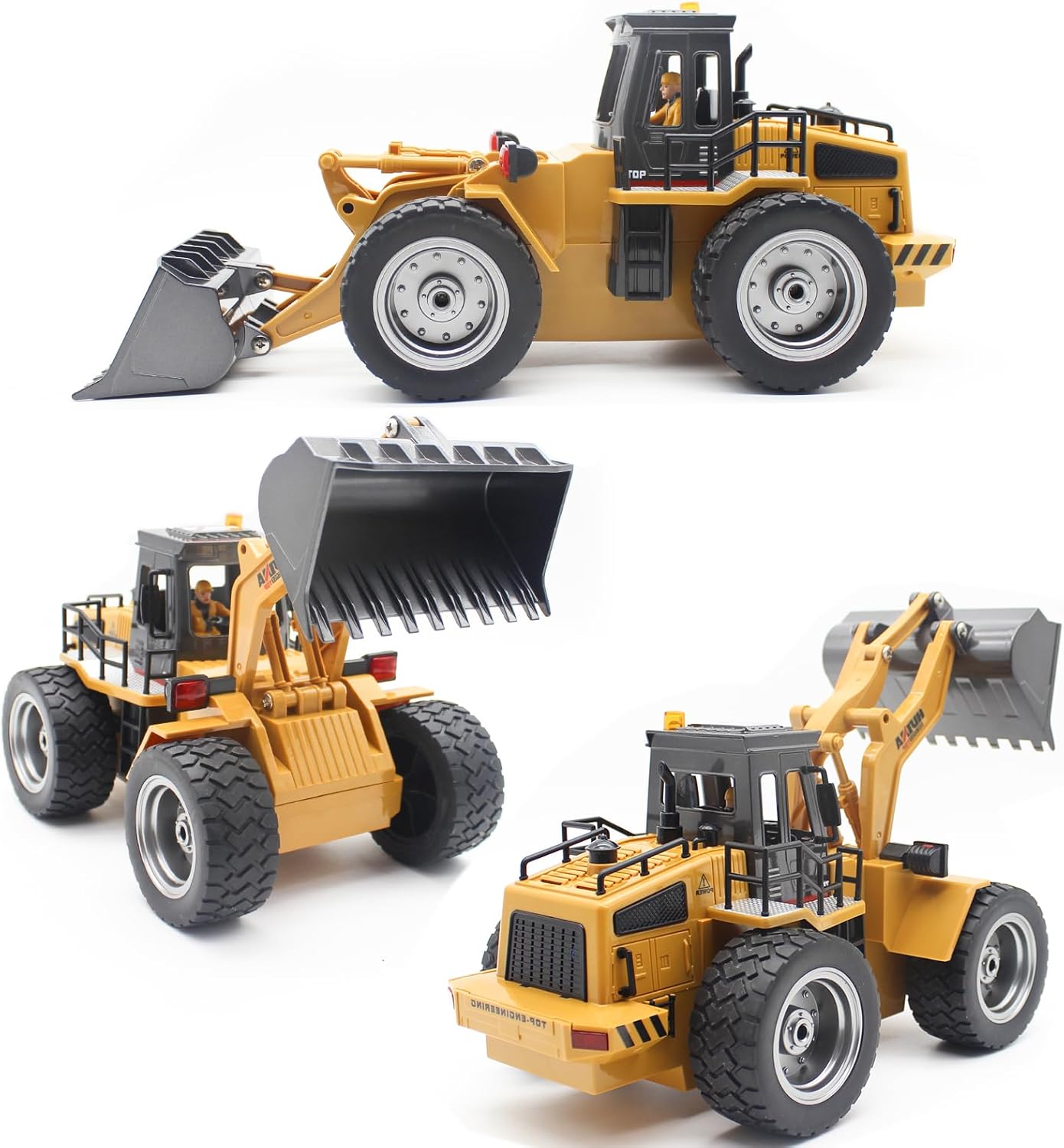 Fistone Cargador frontal RC de 9 canales, tractor de pala de aleación 4WD, niveladora RC de 2.4 GHz, vehículo de construcción, control de radio,