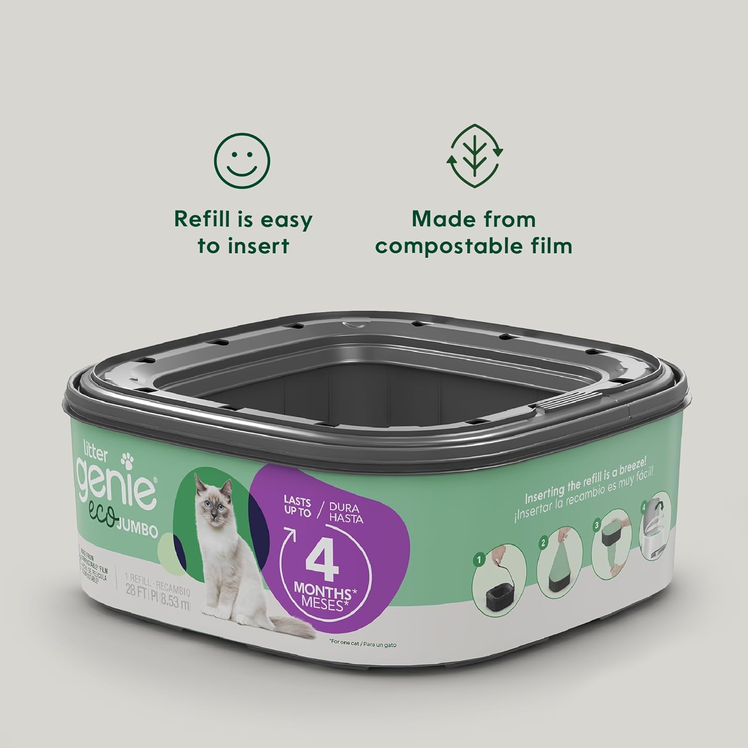 Litter Genie Recargas ecológicas  Bolsas compostables para arena para gatos Jumbo 1 paquete  Hasta 4 meses de suministro en 1 cartucho