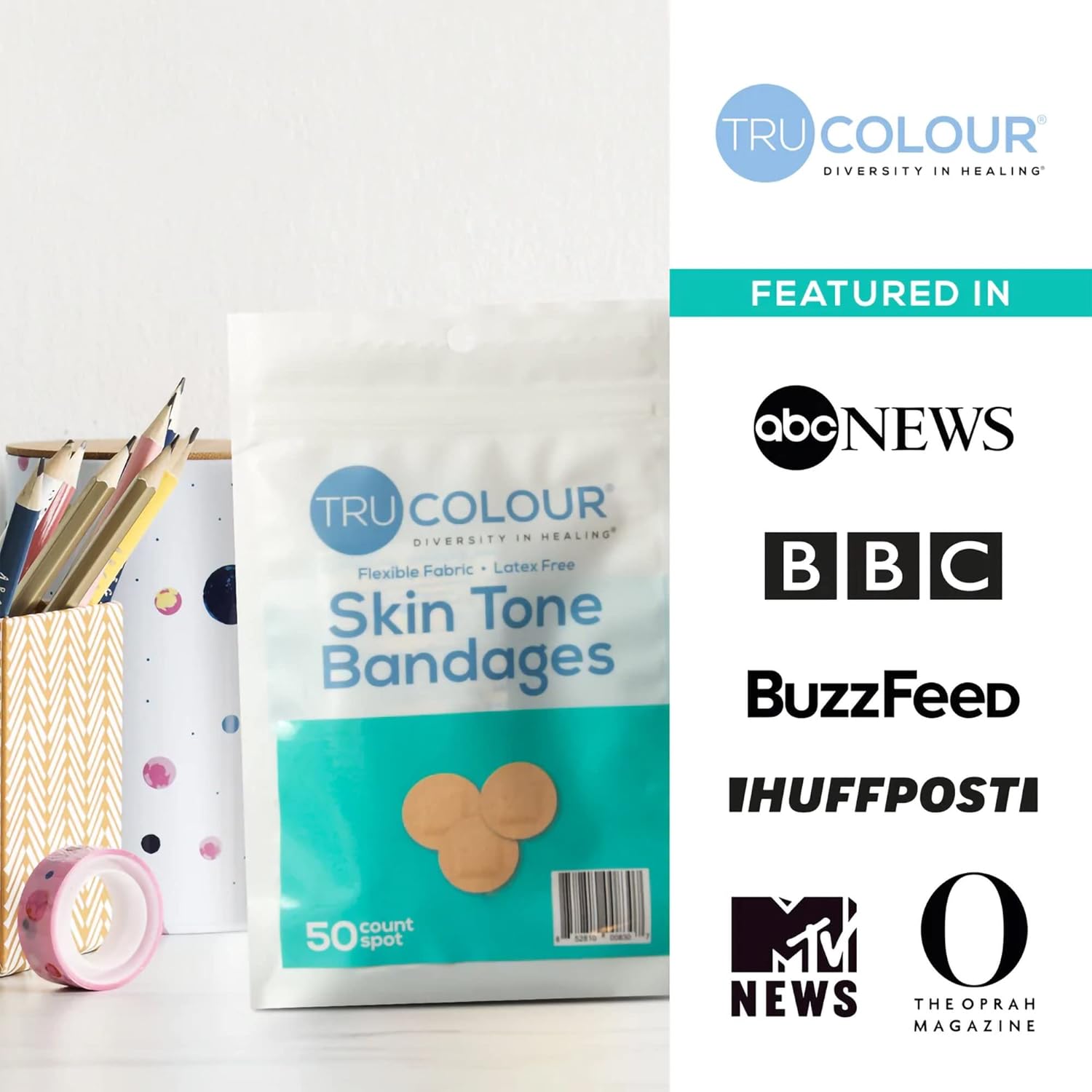 Tru Colour – Vendajes puntuales, vendajes adhesivos de tela flexible, tono de piel beige, bolsa aguamarina, 50 unidades