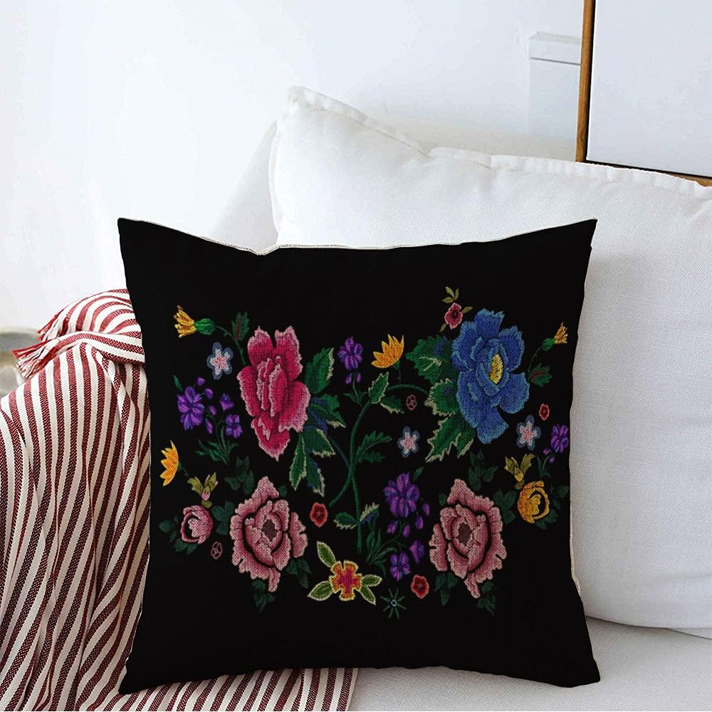 Decorative Square Throw Pillow Cover Linen Motif Textile Pattern Colorful Simplify Flowers Decor Spring Beauty Fashion Print Modern Sewing Pillow