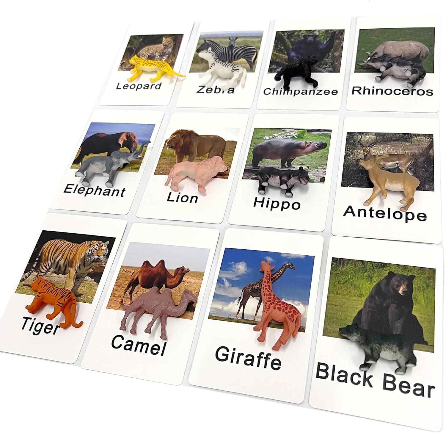 MEROCO Montessori Zoológico Safari Animal Match – Figuras en miniatura con 2 tarjetas a juego de piezas Montessori Materiales de lenguaje Montessori