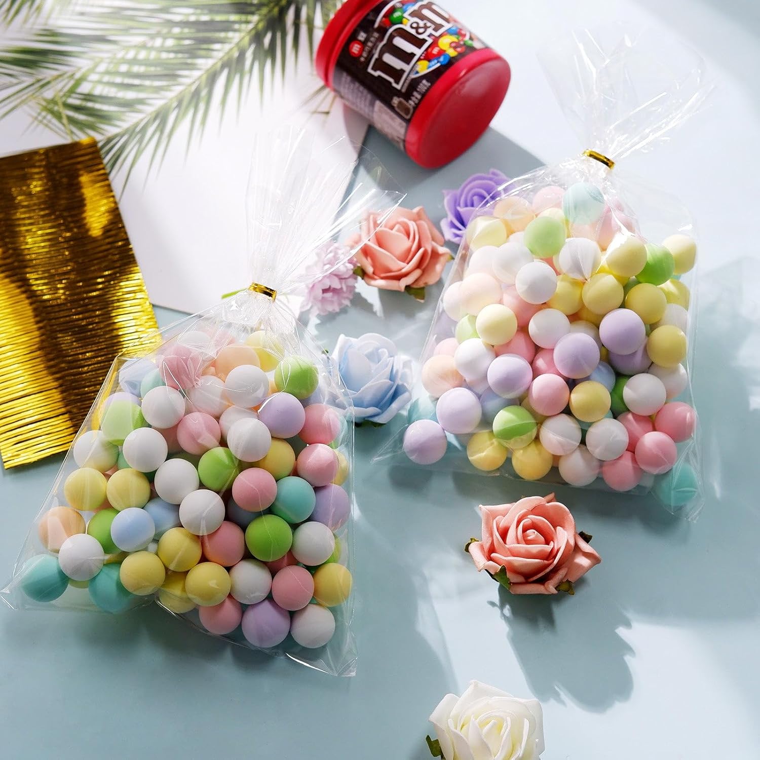 Efavormart – 100 bolsas de celofán transparente de 6 x 10 pulgadas con lazos metálicos dorados, bolsas de dulces para dulces, panadería, galletas,