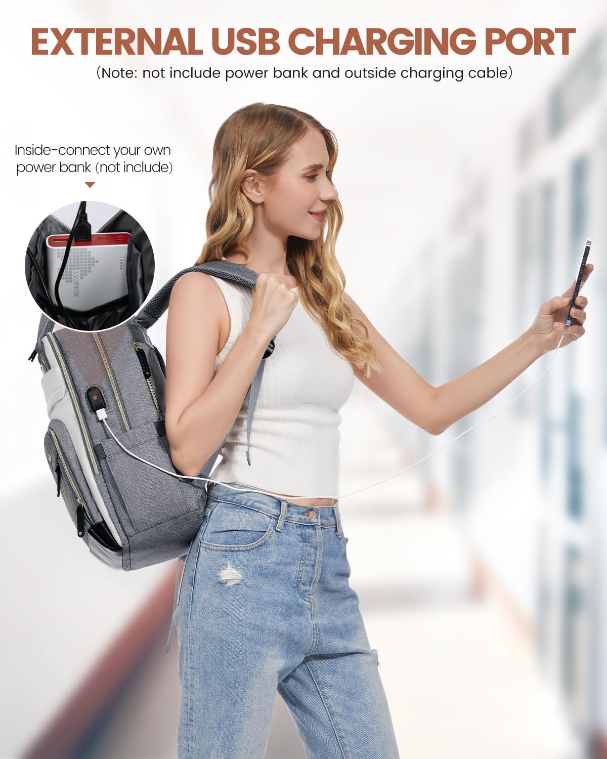 LOVEVOOK Mochila para laptop para mujer, bolsa de viaje antirrobo, Gris-beige-negro, El diseño de empalme multicolor está lleno de vitalidad y es