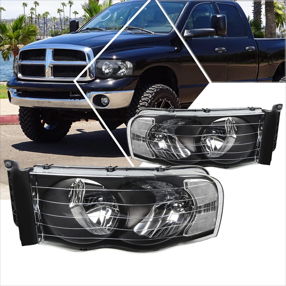 PM PERFORMOTOR 2 faros delanteros de repuesto compatibles con Dodge Ram 02-05  Faros delanteros con carcasa negra esquina transparente
