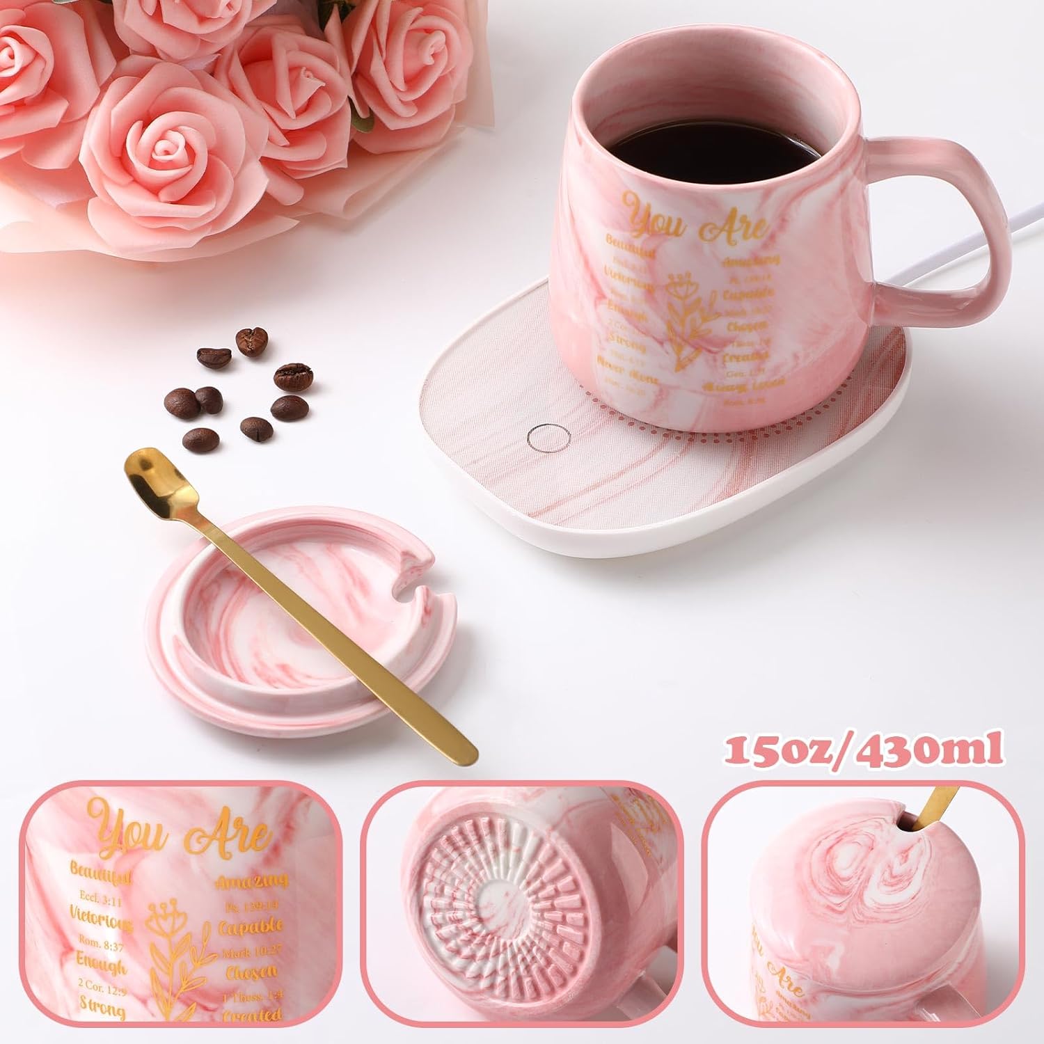 Regalos cristianos, calentador de café con versículo bíblico con taza para mujer, taza de mármol rosa, plato de calentamiento, regalo de cumpleaños,