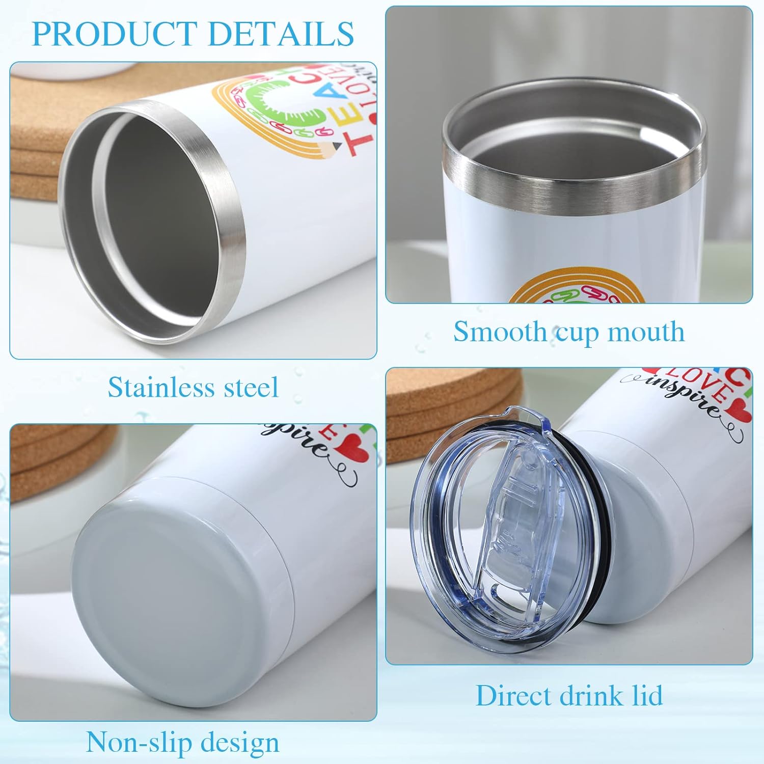 Rtteri Vaso de acero inoxidable de 20 onzas con tapas y cepillos para pajitas, regalo de agradecimiento para profesores, 4 piezas, para graduación,