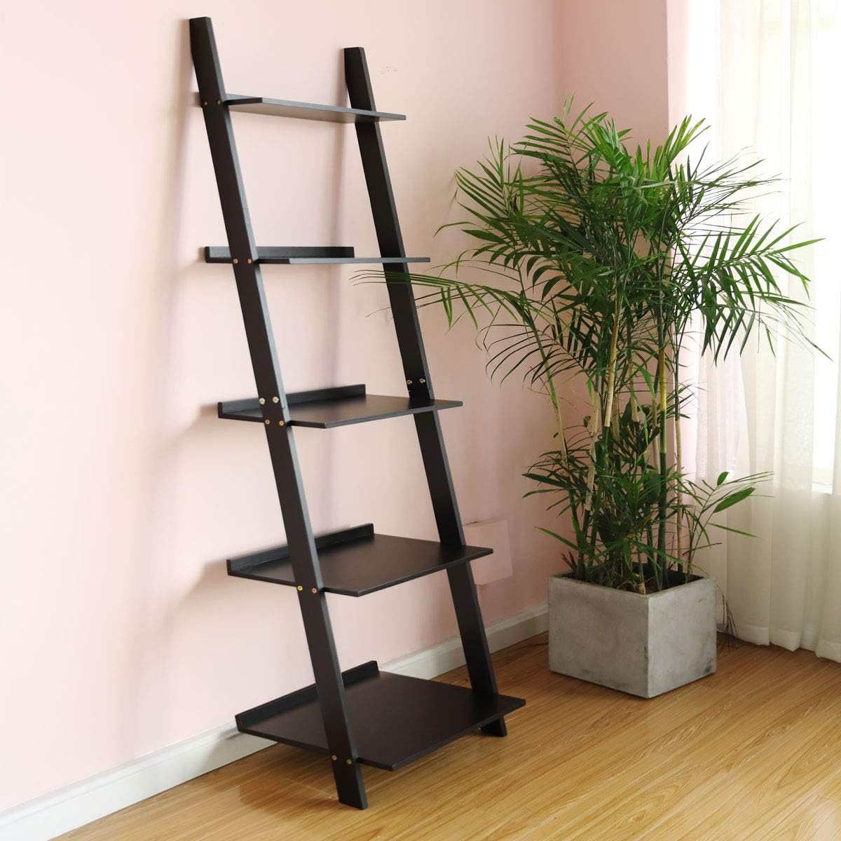 HYNAWIN Estantería de escalera de 5 niveles, soporte multiusos para plantas, estantes de almacenamiento, marco de bambú con aspecto de madera,