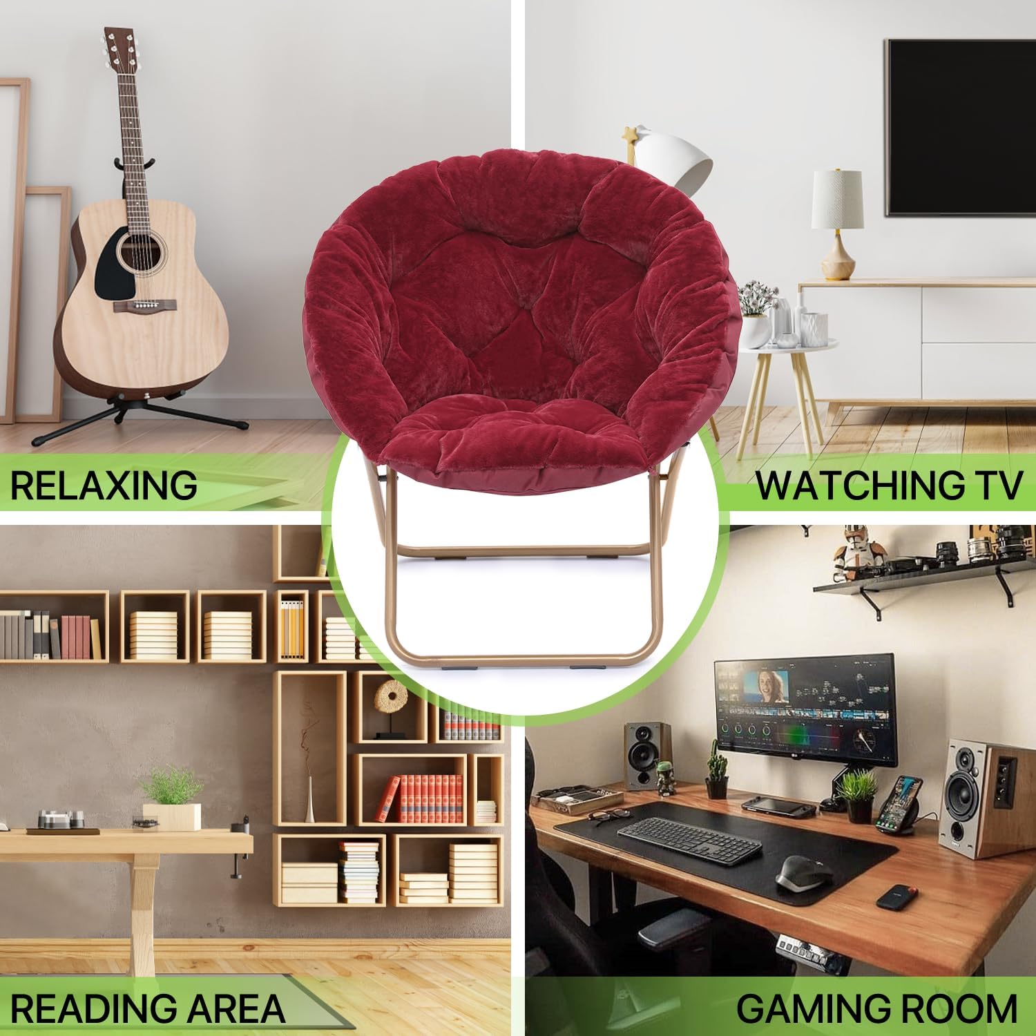 Magshion Silla redonda plegable de gran tamaño con platillo de luna para adultos, silla grande y acogedora para dormitorio, color burdeos
