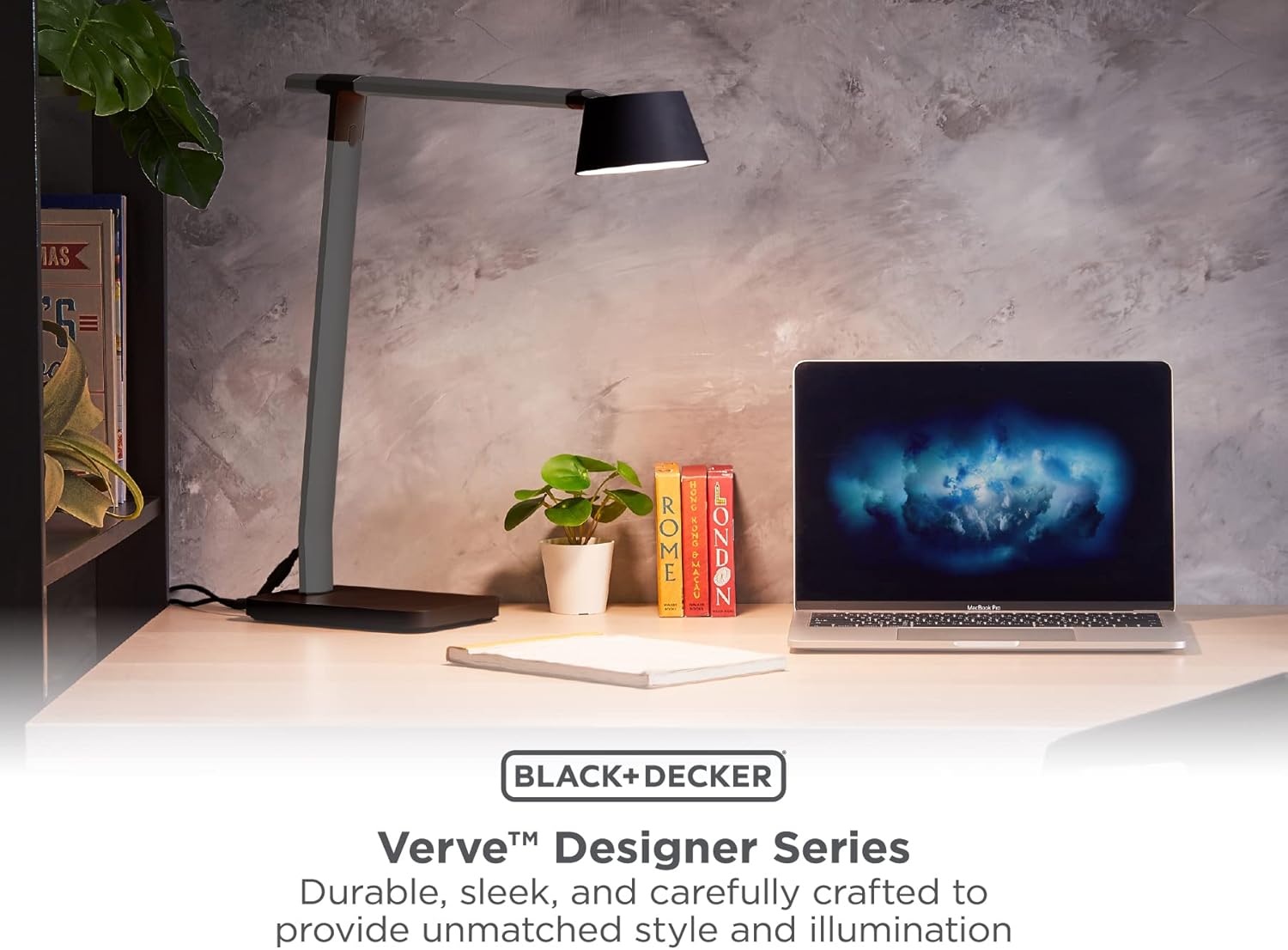 BLACK+DECKER Verve Designer – Lámpara de escritorio con puerto de carga USB, LED blanco verdadero + 16M colores RGB