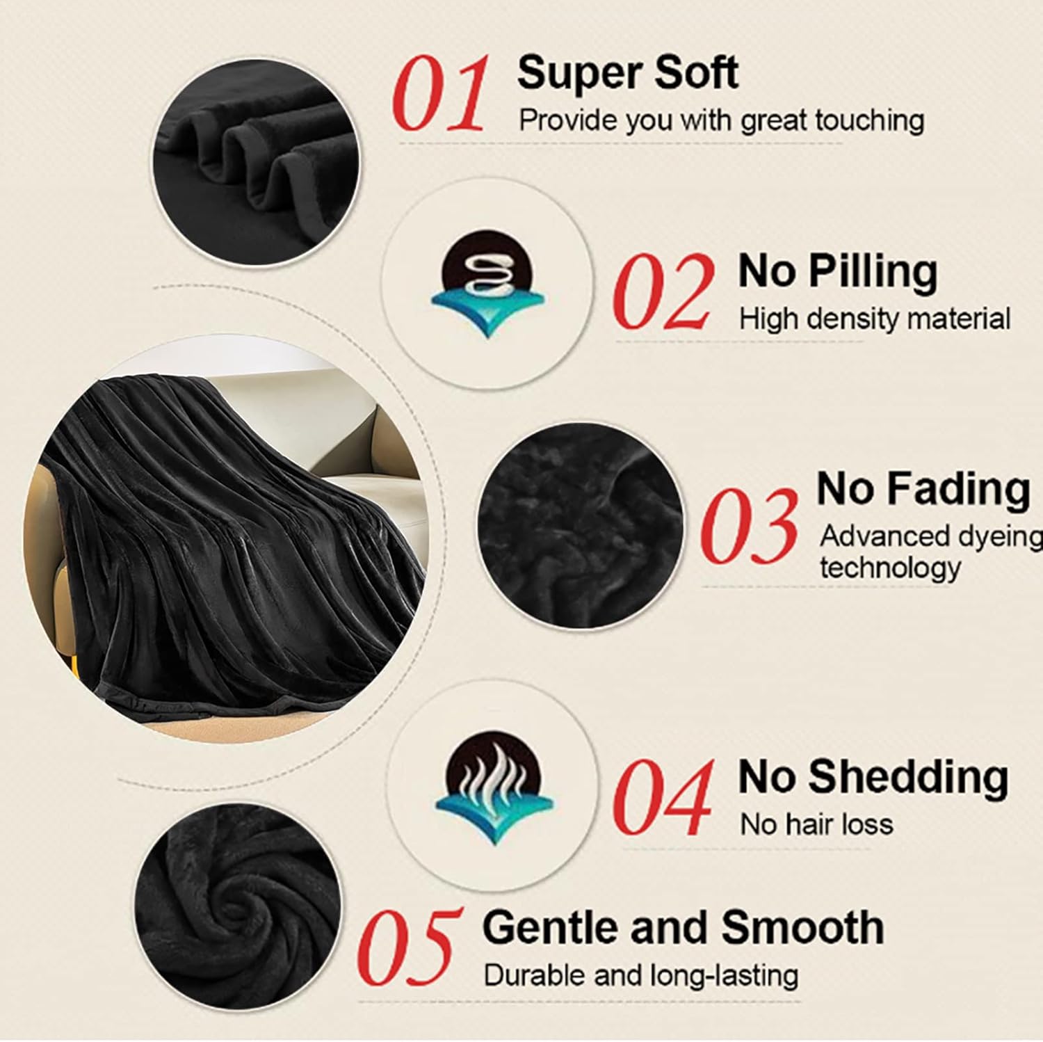 Manta suave tamaño Queen cálida y mullida de microfelpa ligera de forro polar térmico para sofá y cama, 90 x 90 pulgadas, color negro