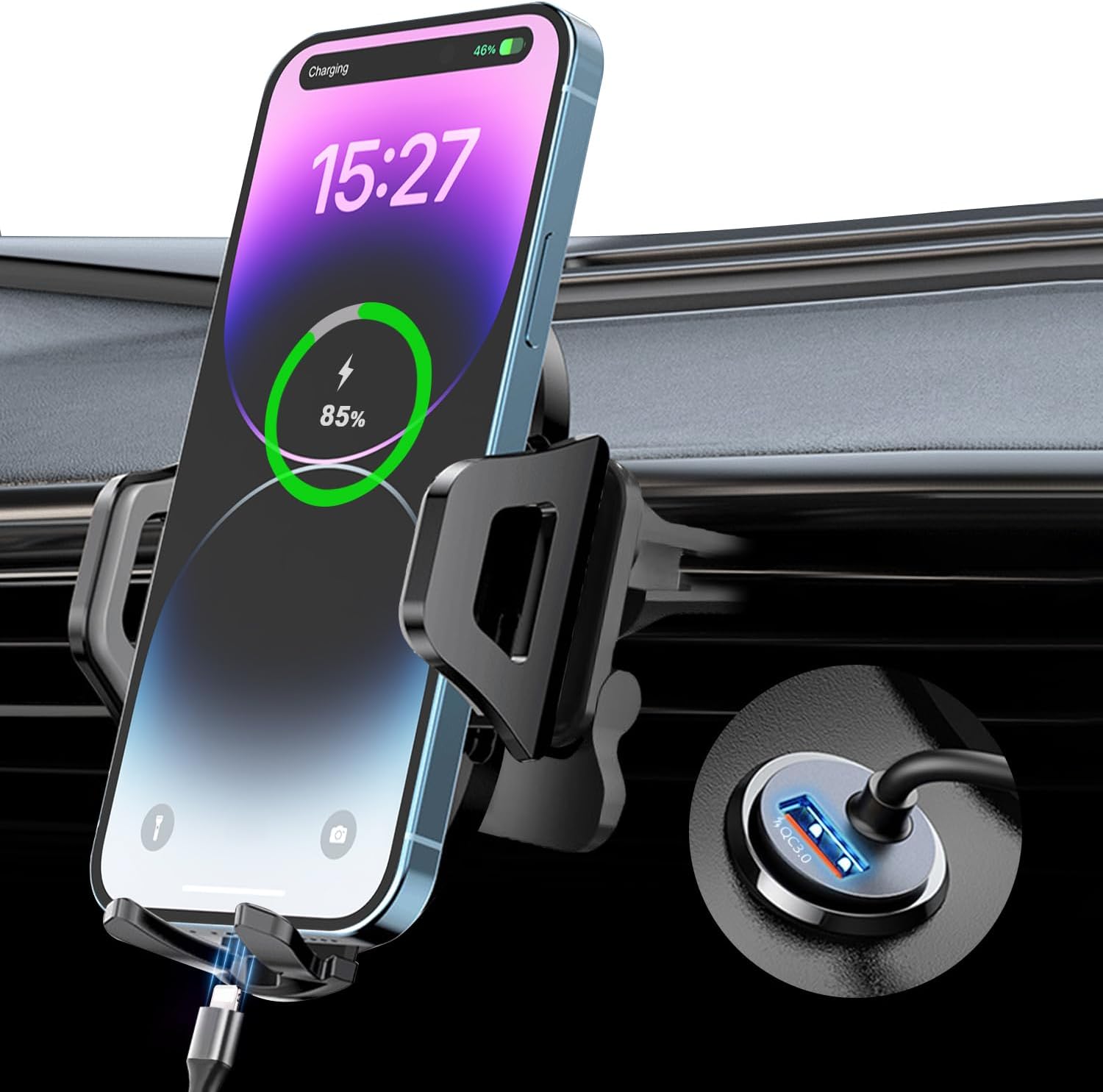 Soporte de cargador de teléfono 3 en 1 para automóvil, cargador USB C de 60 W de carga rápida para iPhone 141312 + cable tipo C de 4 pies,