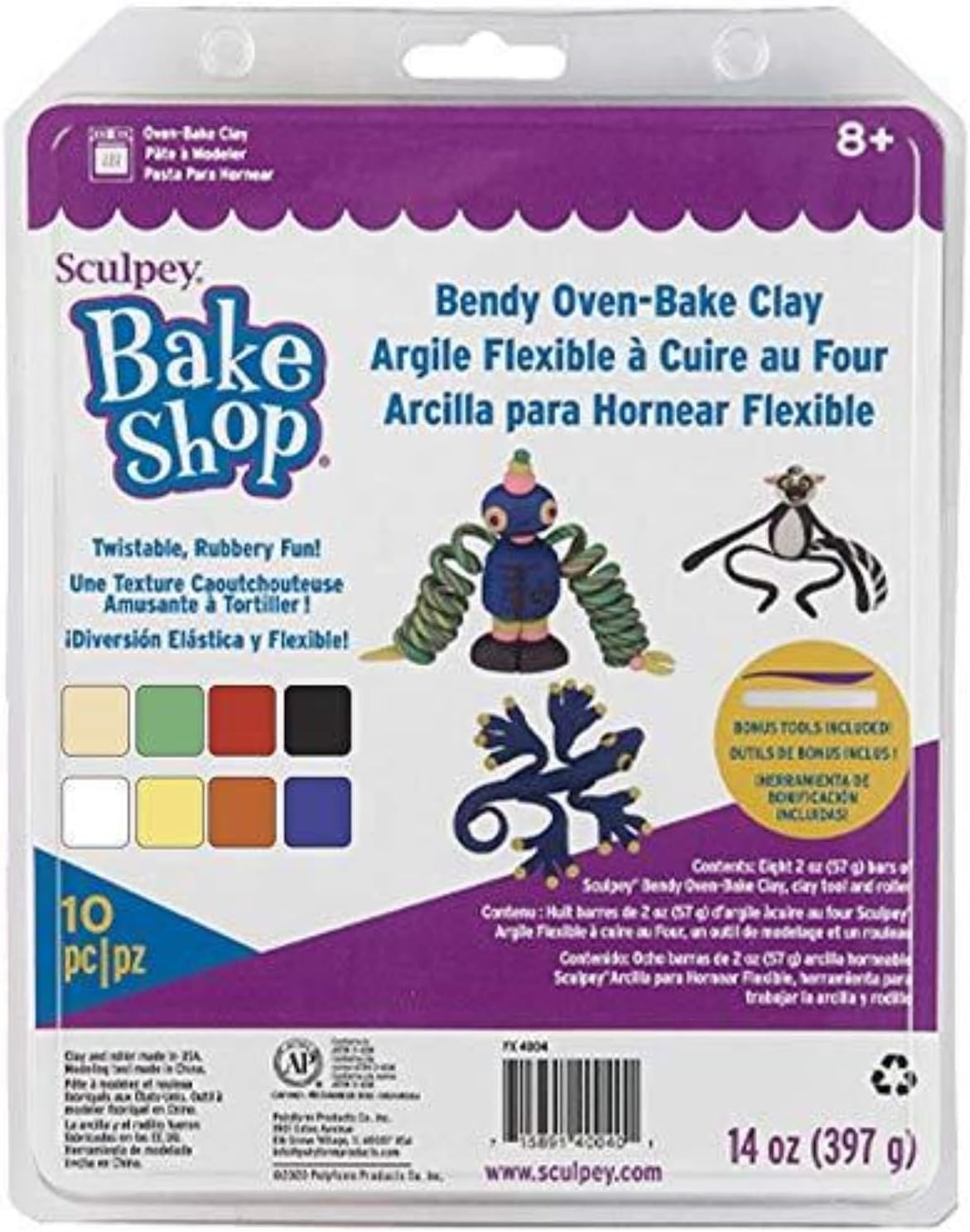 Sculpey Bake Shop Bendy Polymer Oven Bendy Horno Bake Clay, juego de 8 colores únicos, las piezas se vuelven gomosas y súper flexibles después de